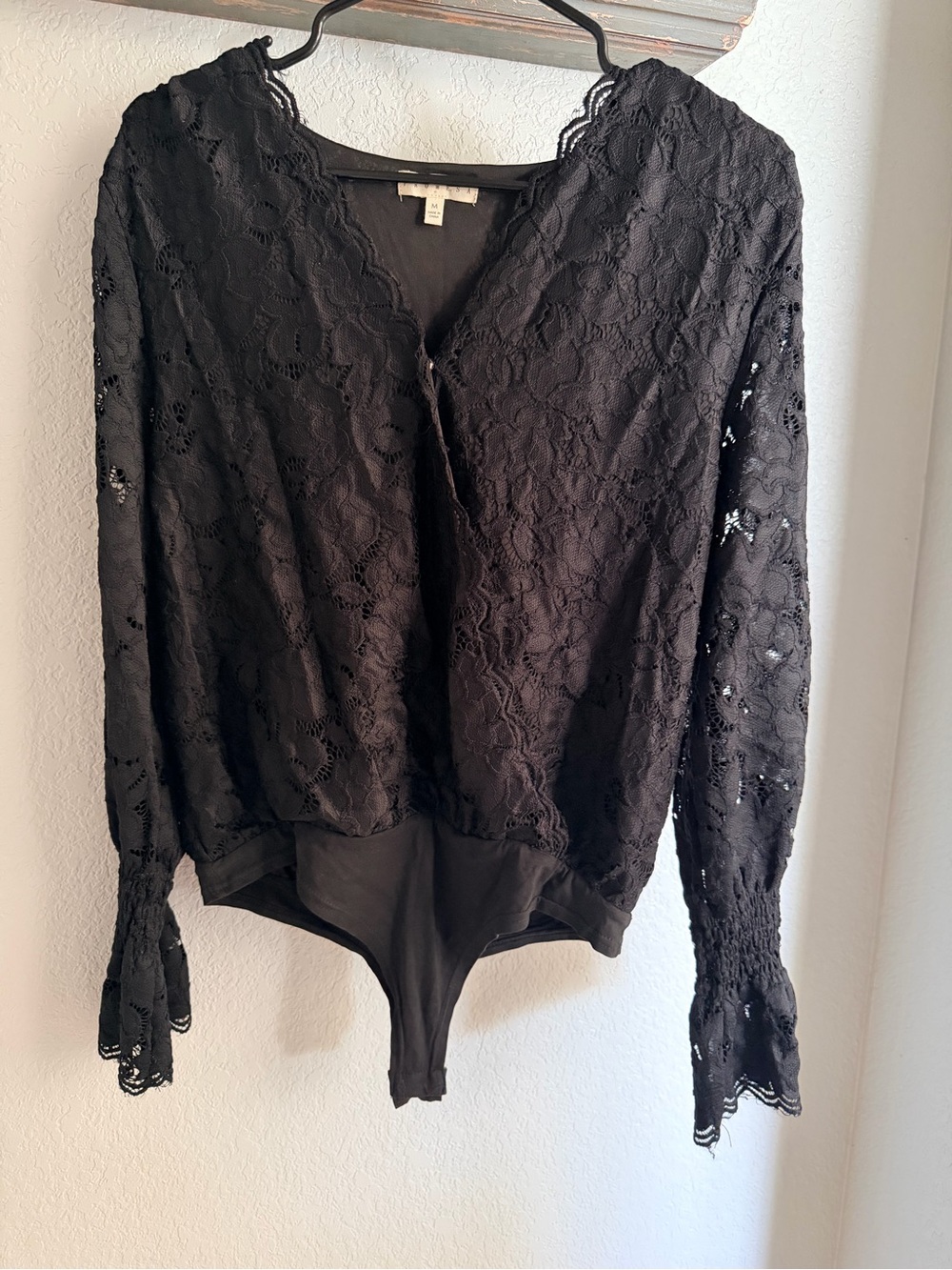 Promesa Women's Black Lace Bodysuit Top Romantic Goth Bell Sleeves Medium
